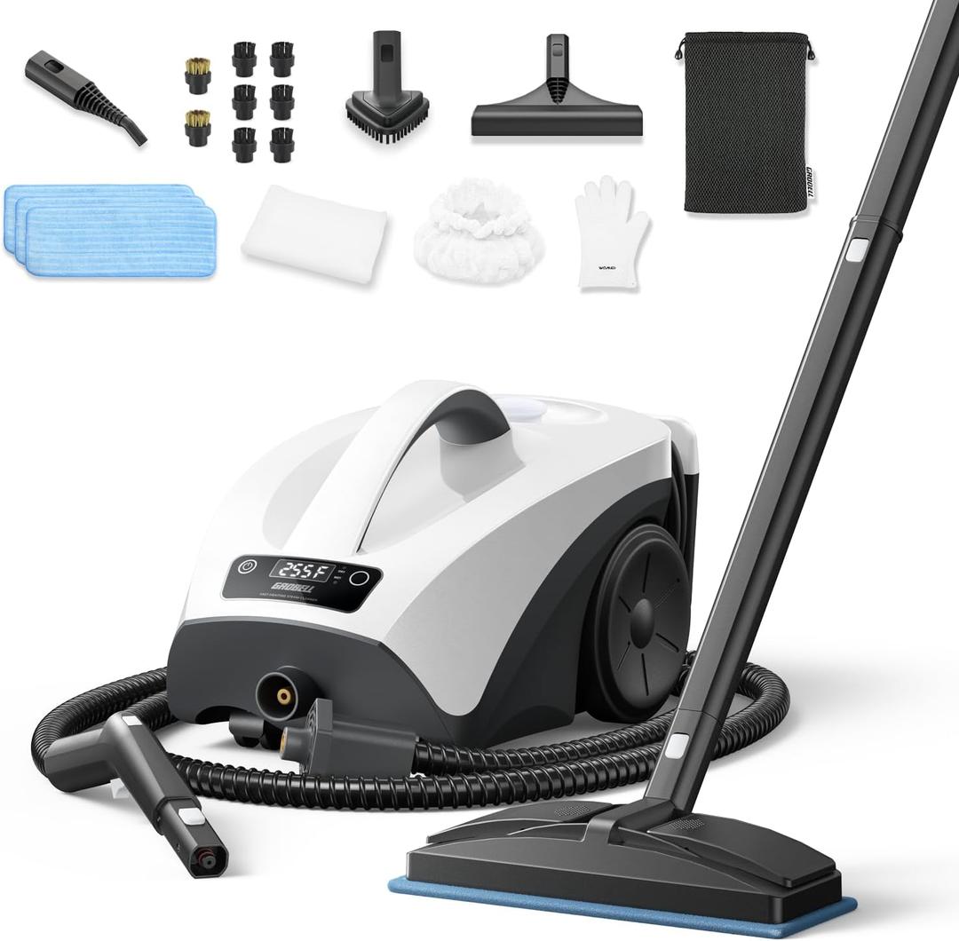 GROBELL Steam Cleaner: 40s Fast Heating-0.66Gal (2.5L) Large Tank-21 PCS Kit-No Cooling-Refill Anytime-Detachable Hose Multi Portable Steamer Mop for Home Car Bed Furniture Tile Grout Floor Cleaning (White)