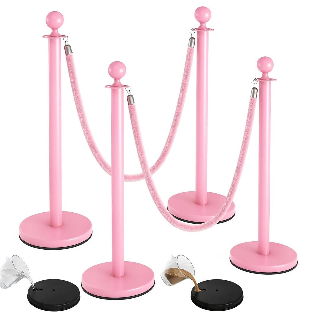 4Pcs Pink Stanchions and Velvet Ropes, Crowd Control Barriers with Sand or Concrete-Fillable Leakproof Base, 2Pcs 5ft Stainless Steel Posts for Wedding, Baby & Bridal Shower, Birthday & Prom