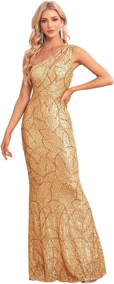 One Shoulder Formal Sequin Dress for Women Sparkly Bodycon Evening Gowns Maxi Mermaid Ball Long Dresses Gold, L