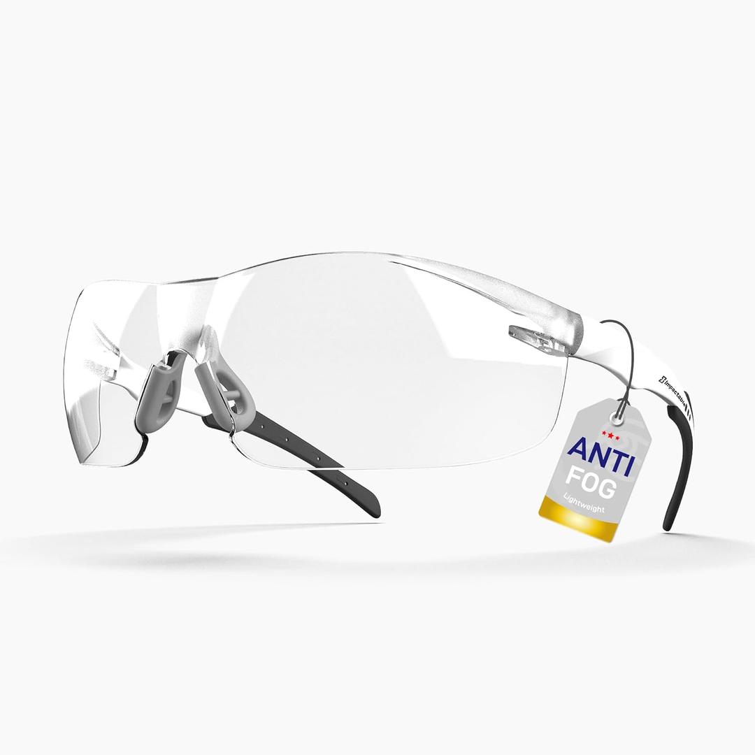 Classic Safety Glasses ANSI Z87.1 Anti-Fog, UV, Impact & Scratch Resistant Clear Wraparound for Work, Pickleball, Racquetball No-Slip Nose Grip White
