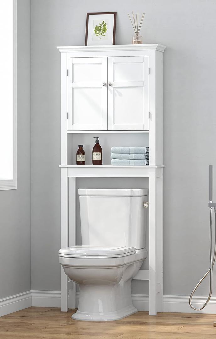 UTEX Over The Toilet Storage Cabinet, Over Toilet Bathroom Organizer with Adjustable Shelves, Above Toilet Storage Cabinet Space Saver, White, 8"D x 26"W x 65"H