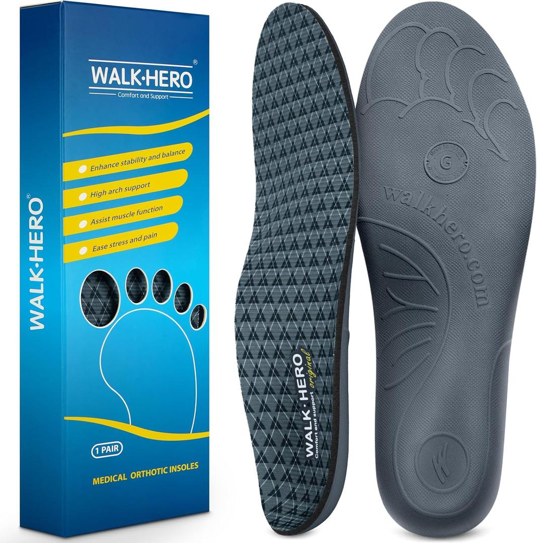 Walkhero Arch Support Inserts - Plantar Fasciitis Insoles for Women and Men, Flat Foot Inserts to Relieve Foot Pain and Fatigue (Men's 5-5 1/2 | Women's 7-7 1/2 Gray)