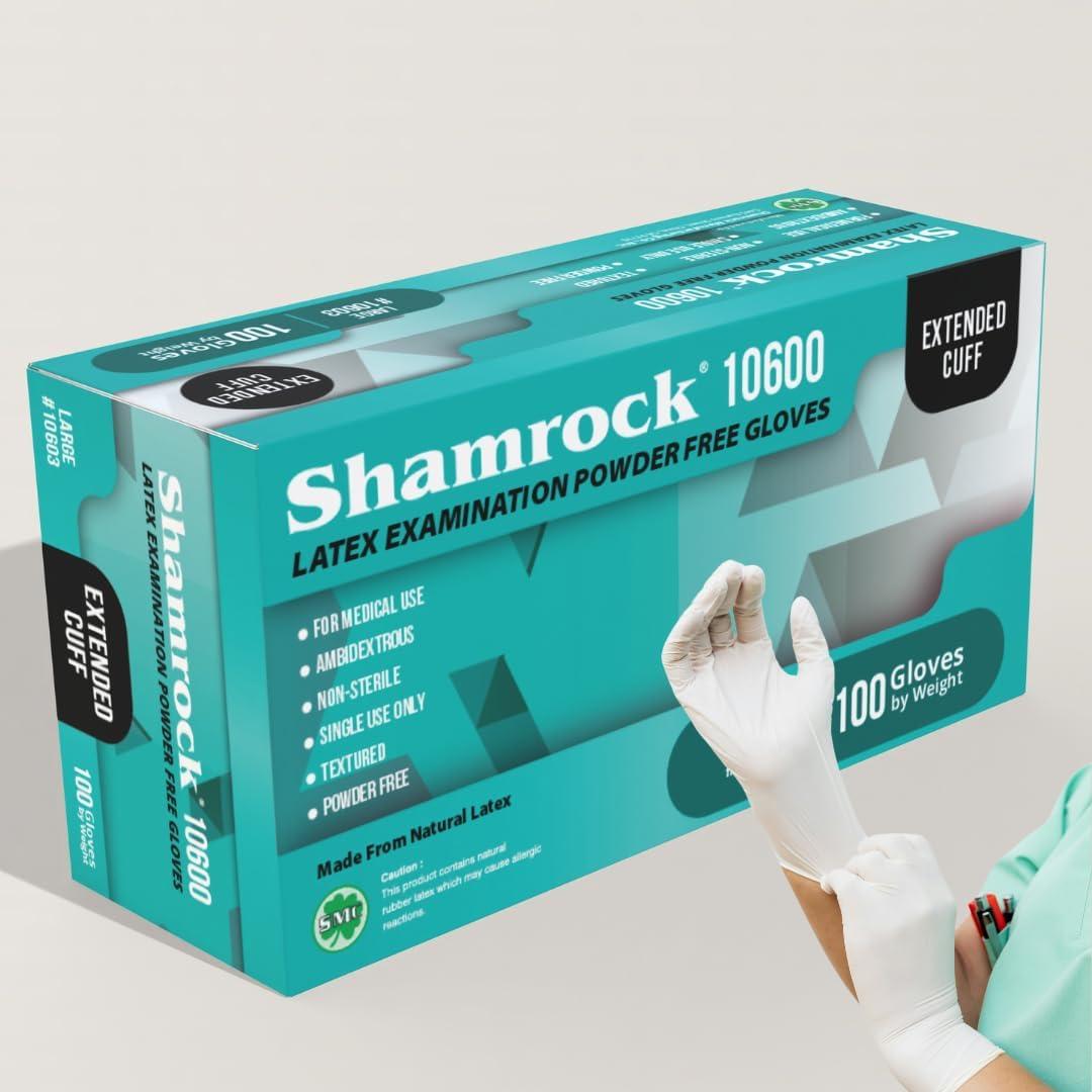 Shamrock 10600 Latex Examination Gloves - Over 5 mil, Powder-Free, Textured, Medical Use, Extended Cuff (Medium) 100 Pack