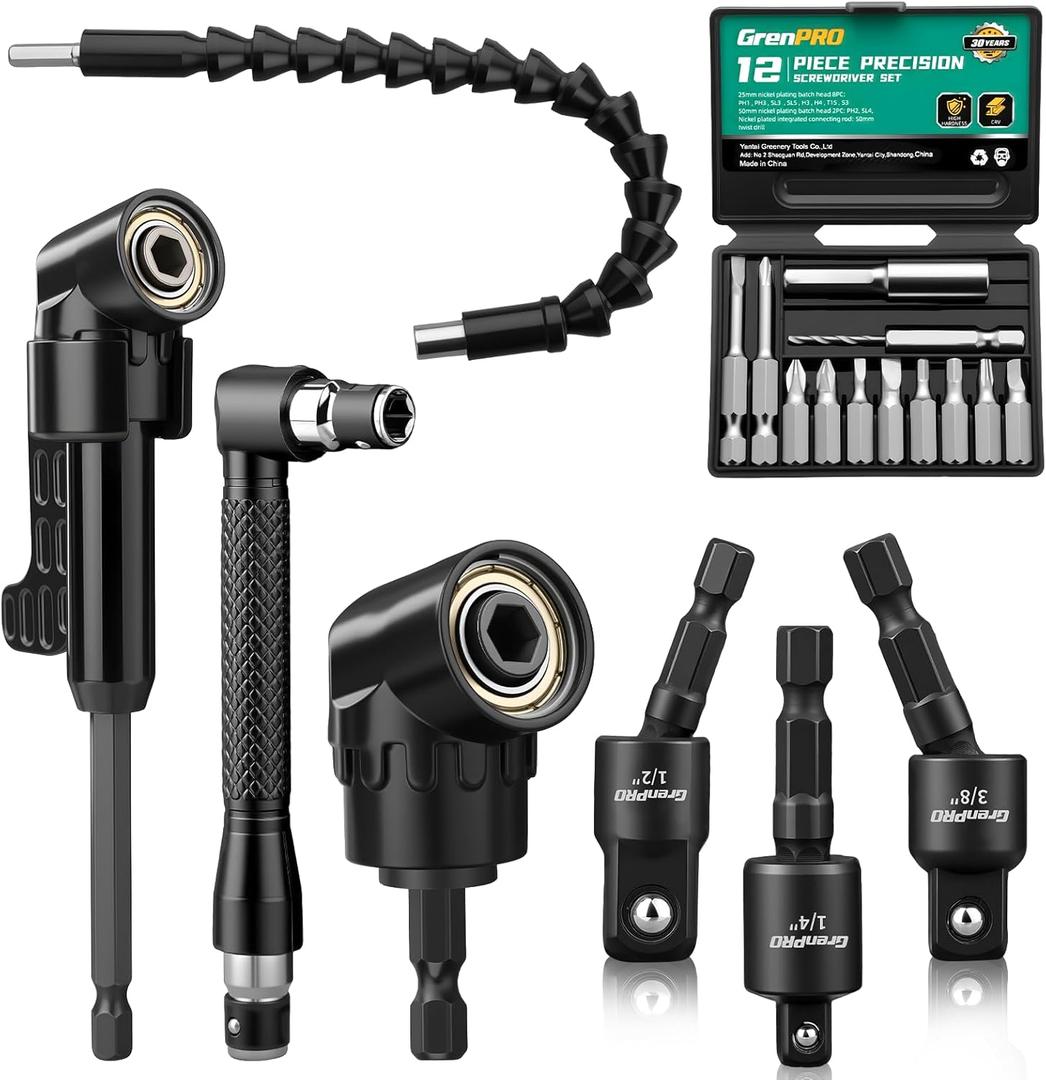 GRENPRO 19 Pcs Flexible Drill Bit Extension Kit, Includes 2 Pcs 105 Right Angle Drill Attachment, 3 Pcs Rotatable Socket Adapter, 10+2 Pcs Screwdriver Bits & Bendable Extension for Tight Spaces