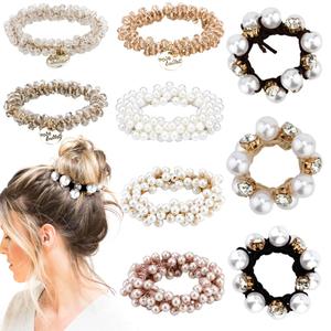 Ahoney 9Pcs Pearl Hair Ties Elastic Hair Scrunchies Hold Crystal Beads Bulk Hair Ropes Stretchy Handmade Boho Bride Bachelorette Party Hair Accessories for Women Girls (Pearl&Crystal)