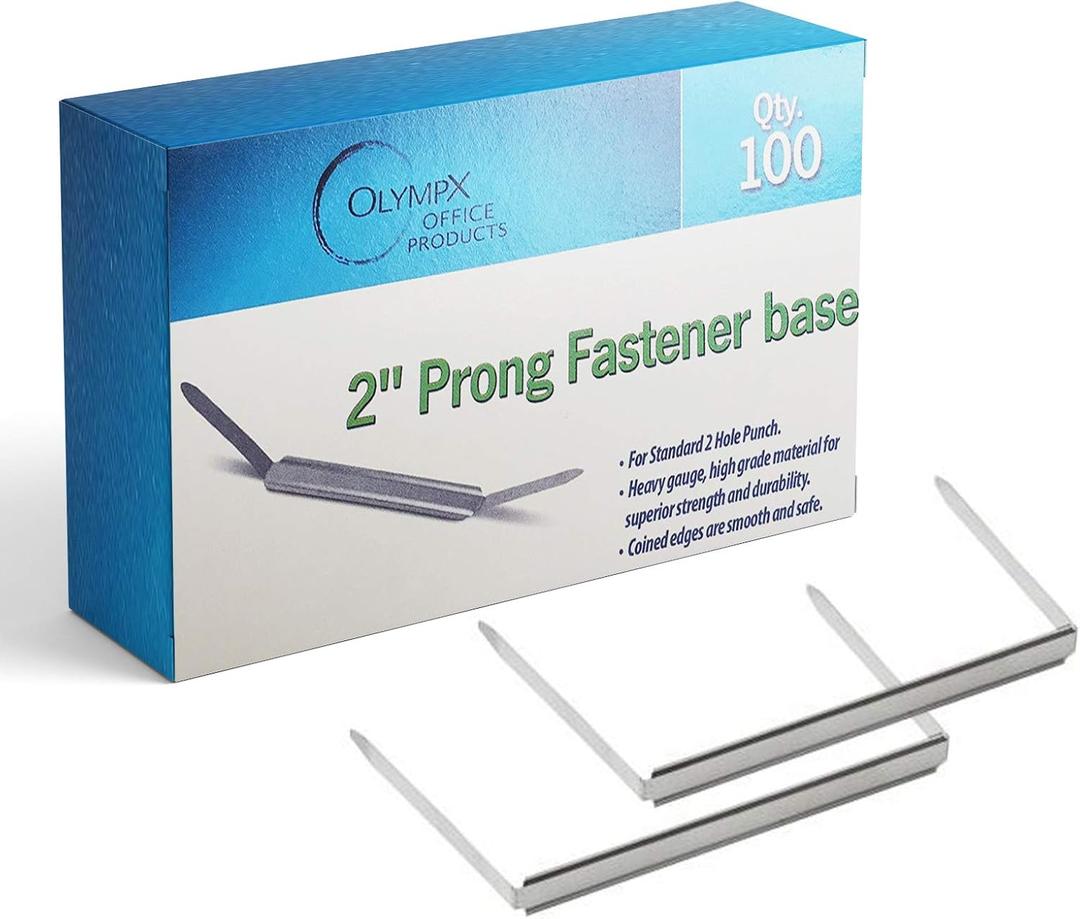OLYMPX 100 Pcs of 2 Capacity Premium Metal Prong Paper Fastener Bases, 2.75 Inch Base for Paper File Clip Folder Accessories, Box of 100