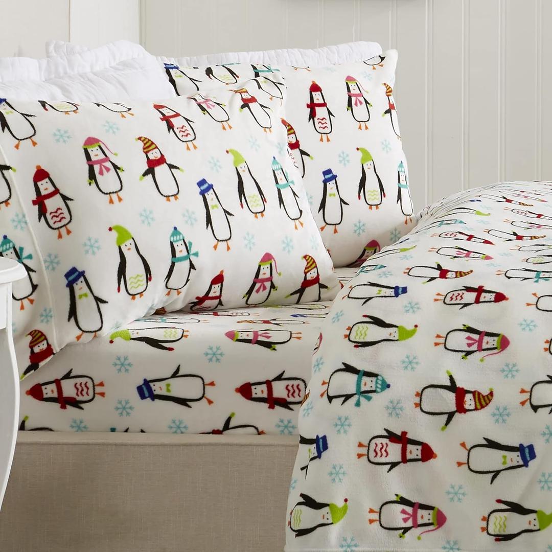 Great Bay Home Christmas Flannel Sheet Set Full Size  100% Turkish Cotton, DoubleBrushed, Winter Bed Sheets  UltraSoft, Cozy, 4Piece Holiday Bedding Set (Penguins)