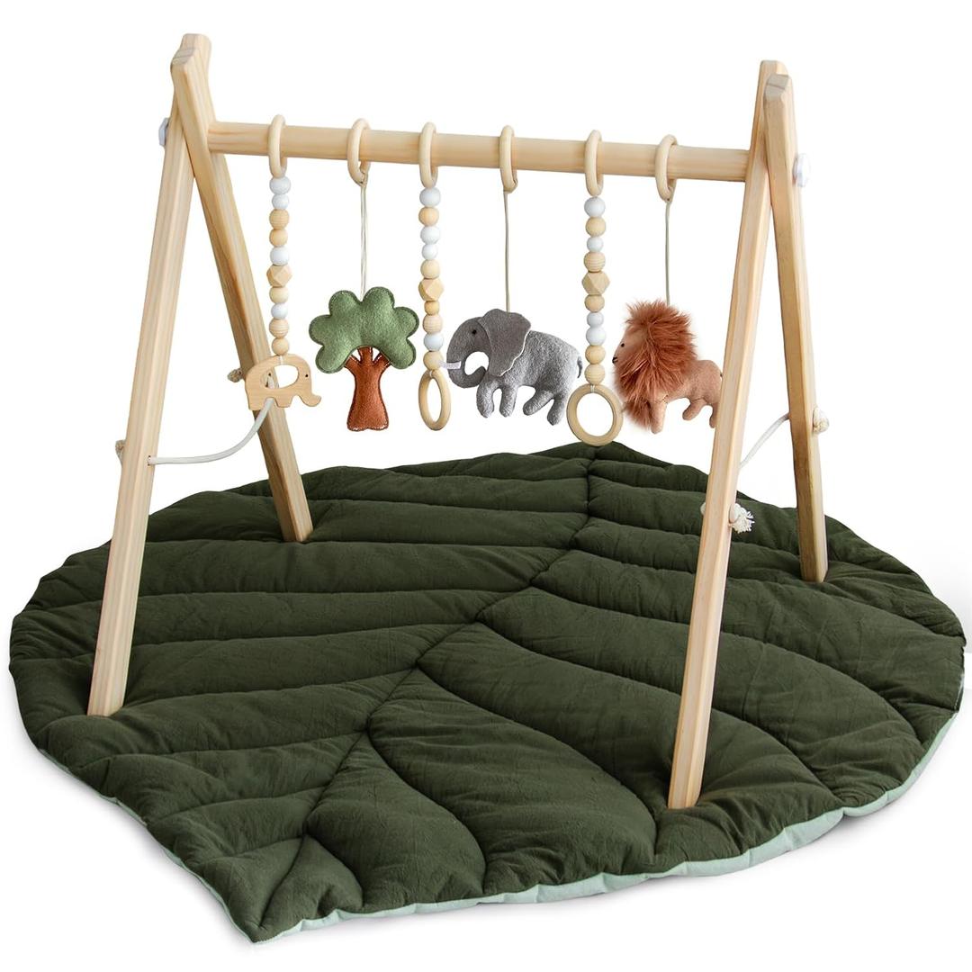 Razee Wooden Baby Play Gym Activity Mat, Leaf Shaped Play Mat Baby Gym with 6 Hanging Sensory Toys Foldable Baby Gym Newborn Infant Baby Use (Dark Green)