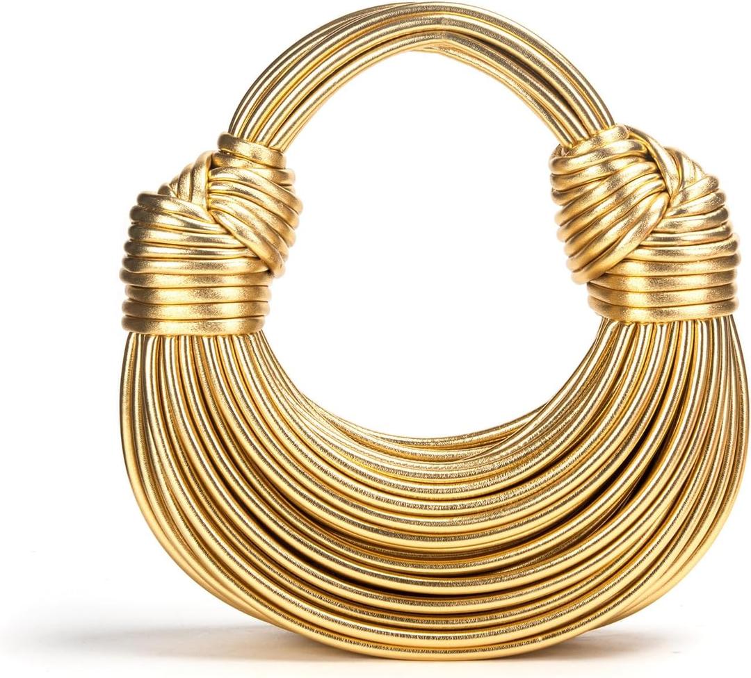 Hand-Woven Bread Women's Clutch Top Handle Satchel Shoulder Crossbody Creative Noodles Purses Underarm Bag Handbag (Gold)