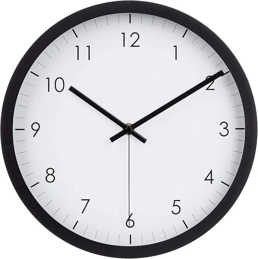 Classic 12", Easy to Read, Silent Non Ticking, Battery Operated, Round Wall Clock, Black