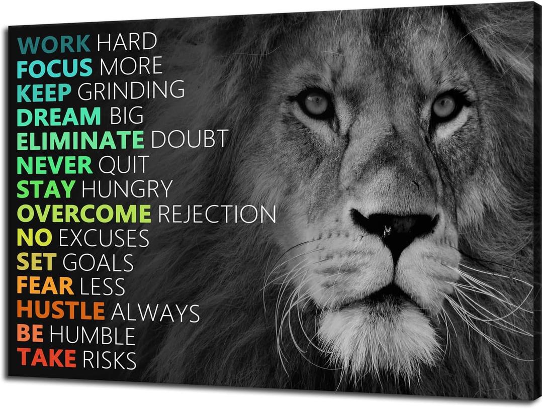 Motivational Wall Decor Positive Canvas Wall Art Inspirational Lion Success Posters Canvas Paintings Wooden Framed Colorful Artwork Office Living Room Home Decoration Ready to Hang[36''W x 24''H]