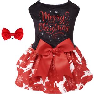 CuteBone Merry Christmas Dog Dress Velvet for Small Dogs Girl Reindeer Puppy Dresses Red Dog Clothes CVA04M-D (Medium, C01-Merry Christmas Reindeer)