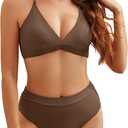 Women High Waisted Bikini Sets Criss Cross Back V Neck Bathing Suits High Cut Two Piece Swimsuits (Brown, XL)