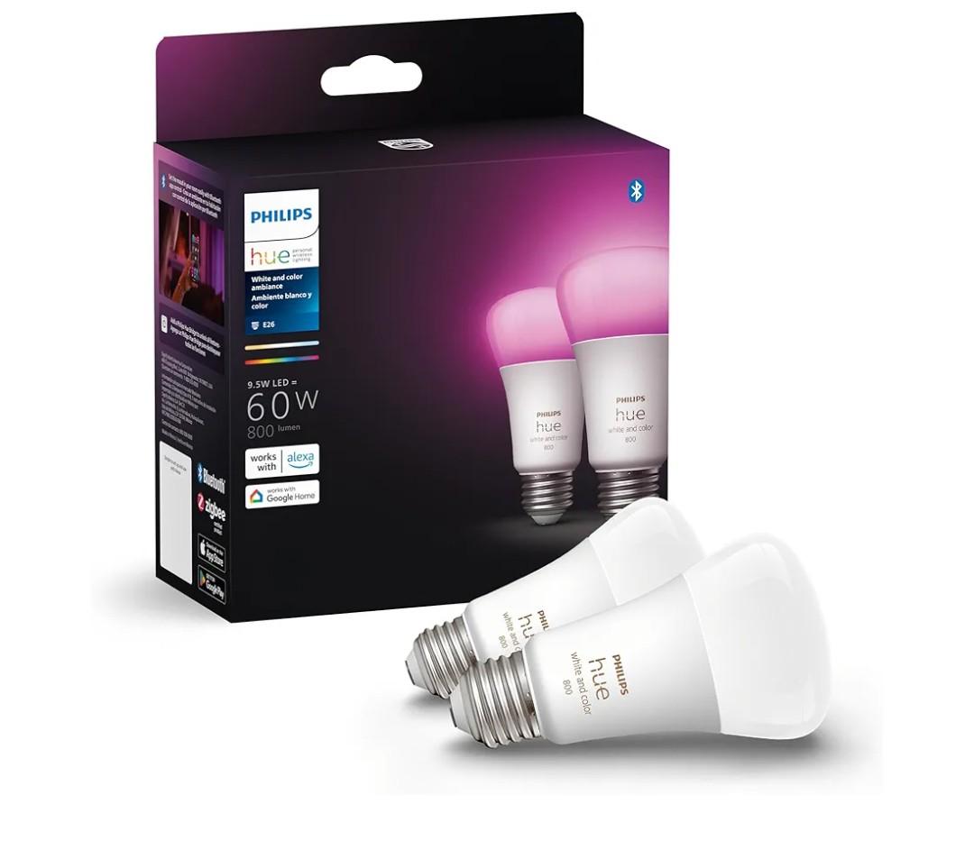 Philips Hue Smart 60W A19 LED Bulb - White and Color Ambiance Color-Changing Light - 2 Pack - 800LM - E26 - Indoor - Control with Hue App - Works with Alexa, Google Assistant and Apple Homekit