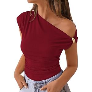 PRETTYGARDEN Womens Summer Off The Shoulder Crop Tops Ribbed Going Out Fitting T Shirts Trendy Spring Y2k Clothes 2026(Burgundy,Medium)