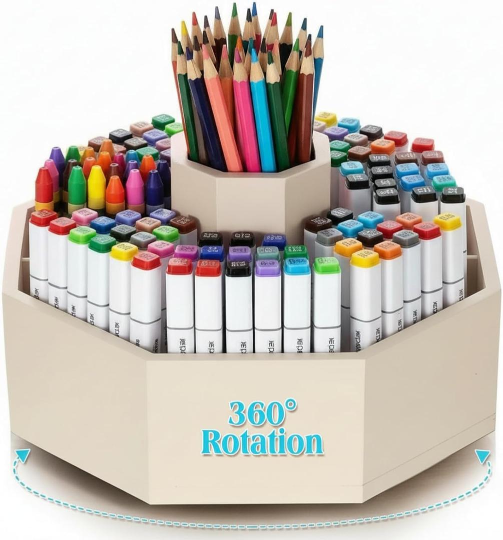 Bamboo Rotating Pencil Holder Marker Organizer Art Supply 360 Rotating Pastel Pen Organizer Gifts for Desktop Storage Caddy, Crayon, Marker, Pencil(Beige)