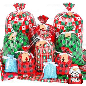 Christmas Bags for Gifts, 22pcs Christmas Gift Bags Assorted Sizes - Small/Medium/Large, Xmas Santa Drawstring Bulk Presents Wrapping Paper Bag, Reusable Plastic Holiday Gift Bags with Ribbon Ties