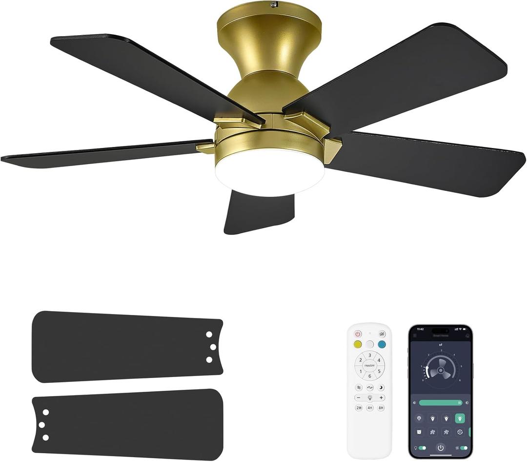 Ceiling Fans with Lights, 36 Inch Low Profile Ceiling Fan with Light and Remote Control, Flush Mount, Reversible, 3CCT, Dimmable LED, Quiet, Gold Ceiling Fan for Bedroom, Kitchen, Office