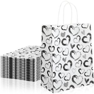 Supervitae 50 Pack Mother's Day Heart Gift Bags with Handles 10 x 8 Inches Gift Bags Love Heart Pattern Kraft Paper for Mother's Day Valentine's Birthday Weddings Baby Shower Themed Party Favors