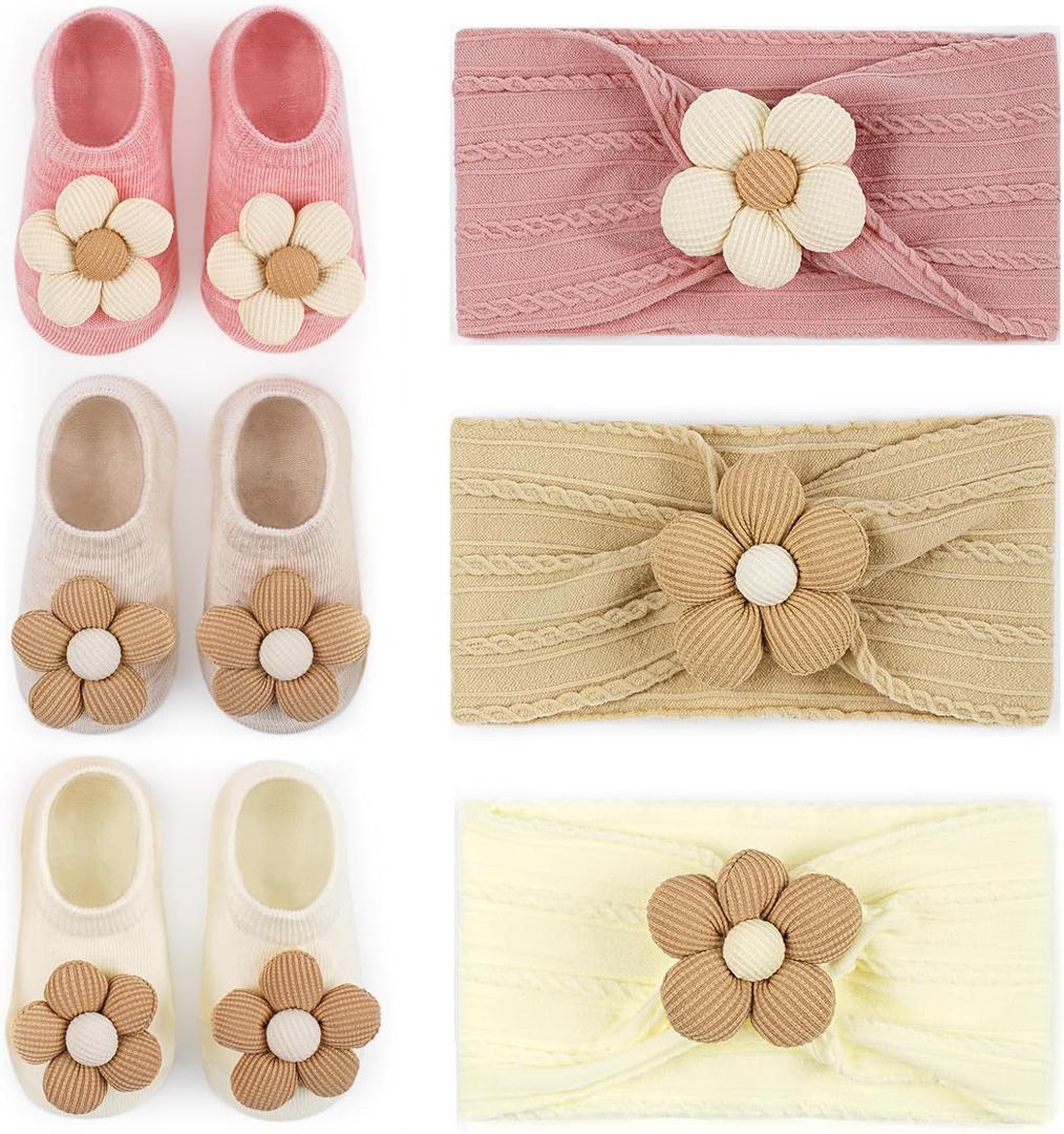 Baby Flower Headband and Socks: Cute Headband and Socks Sets for Toddler Newborn Infant Girl 1 Count (Pack of 6), 3 Sets Pink/Khaki/Beige)