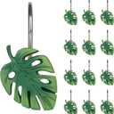 Tropical Leaf Decorative Shower Curtain Hooks Green Botanical Shower Curtain Rings, Resin, Monstera Deliciosa Leaves Shower Curtain Hangers for Bathroom, Set of 12