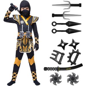 Spooktacular Creations Kids Ninja Costume, Child Boy Ninja Outfit Set, Halloween Costume for Toddler Themed Dress Up Party (Medium (8-10yr), Golden)