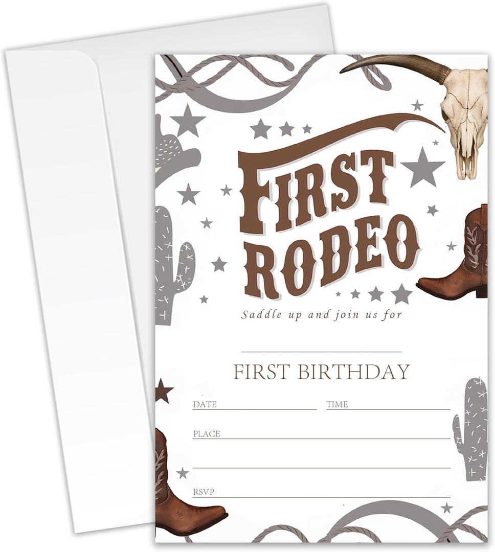 First Rodeo - Wild West Themed 1st Birthday Invitations- 20 Invitation Cards 4"x6" with 20 Envelopes - Saddle Up - First Birthday Party Invitations for Cowboy or Cowgirl.(160)