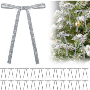 24Pcs Glitter Velvet Bows for Christmas Tree Decorations - 5x7in Velvet Ornaments with Tie for Christmas Wreath Garland, Sliver (silver)