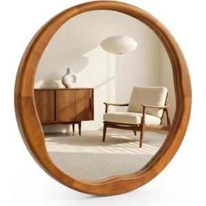 30 Inch Warm Walnut Round Wood Bathroom Mirror, Wavy Inner Edge