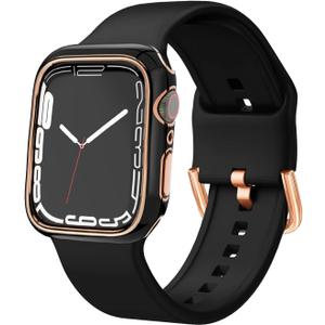 Sport Band and Bumper Case Compatible with Apple Watch 40mm 38mm 41mm 42mm 44mm 45mm 46mm Women, Soft Silicone Straps and Rose Gold Edge Protector Frame for iWatch Series 10 9 8 7 6 5 4 3 2 1 SE (Black)