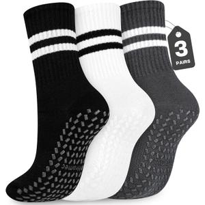 Pilates Socks with Grips for Yoga, Barefoot, Ballet, Barre, Hospital Non Slip Anti Skid Socks for Women and Men (3 Pairs-black White Grey)
