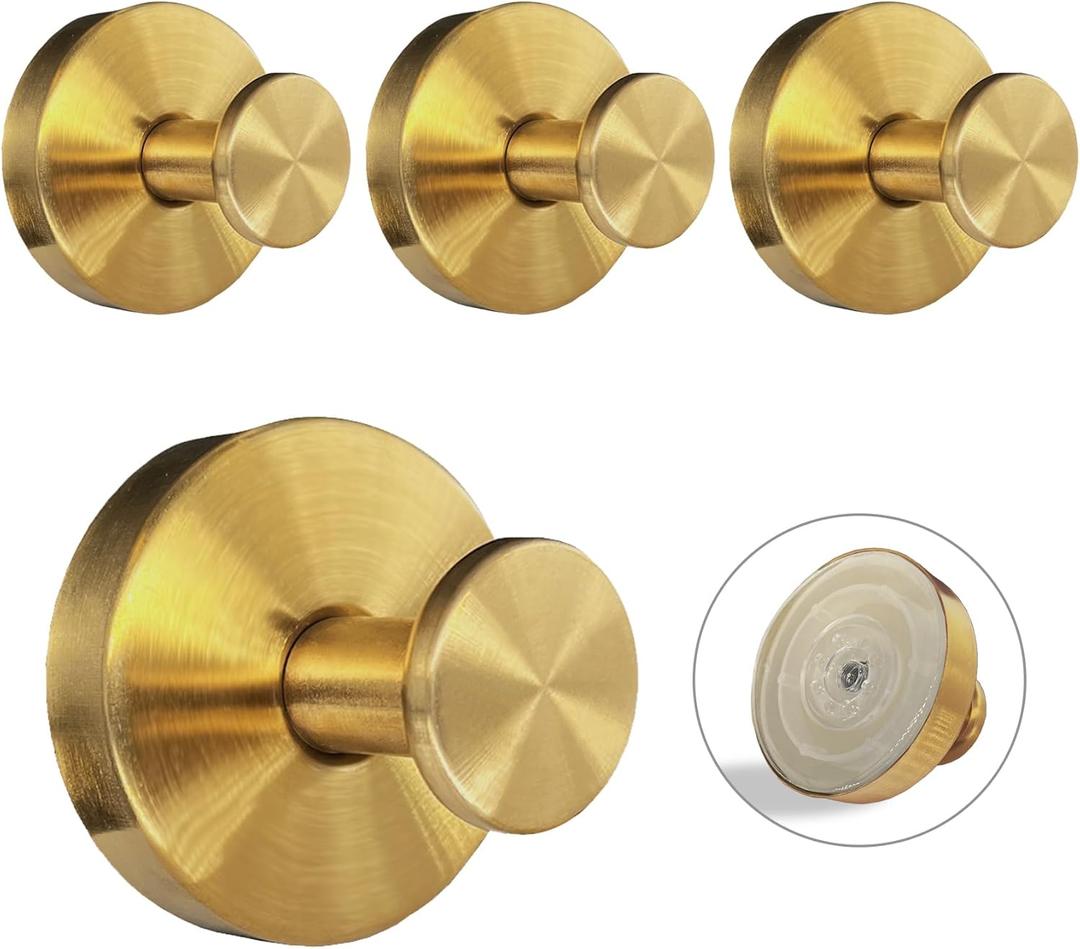 Suction Cup Hooks for Shower - 4 Pack, Gold - Stainless Steel, Strong Suction, No Drill, Removable Hanger, Tile Bathroom Kitchen Wall, Glass Door, Mirror Hook Hanging Robe, Towel Holder