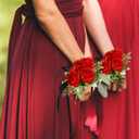 Yunlly 2 Pcs Boutonniere Wrist Corsage Set Artificial Rose Wine Red Corsage Wristband Boutonniere Flower Decor Wrist Corsage for Men Women Bride Bridesmaids Wedding Accessories Prom Suit Decor