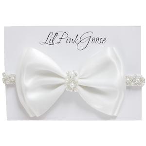 0-12 Newborn Baby Baptism Pearl Headband with Bow in WHITE Christening Headband with Satin Bow, Pearl Rhinestone Band (Off White, 3-6Months)