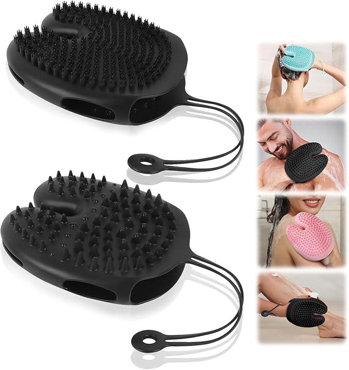 2 Pack Silicone Exfoliating Body Scrubber, Exfoliating Bath Gloves, 4 in 1 Exfoliating Mitt, Anti-Slip Horseshoe Shape Fingerless Dual Texture Body Scrubber for Massage, Exfoliation, Shampooing, Bath