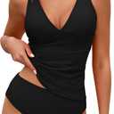 ZAFUL Womens Tankini Swimsuits Tummy Control Two Piece Bathing Suits Modest Ruched Tie Back Swimwear Mid Rise (Large, Black)