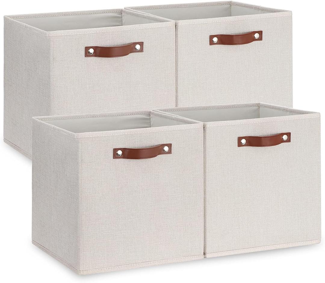Temary Fabric Storage Cubes Storage Bins with Dual Leather Handles, 4 Pack Cube Baskets 13x13 Foldable Cube Organizers for Shelves, Home, Office, Nursery (131313, Beige)