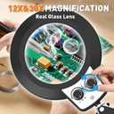 KIRKAS 12X & 30X Magnifying Glass with Light and Stand, Extra-Long Arm Magnifying Lamp Overhead Knob for Workbench, Craft, LED Lighted Magnifier Real Glass Lens Stepless Dimming and Color(35in Clamp)