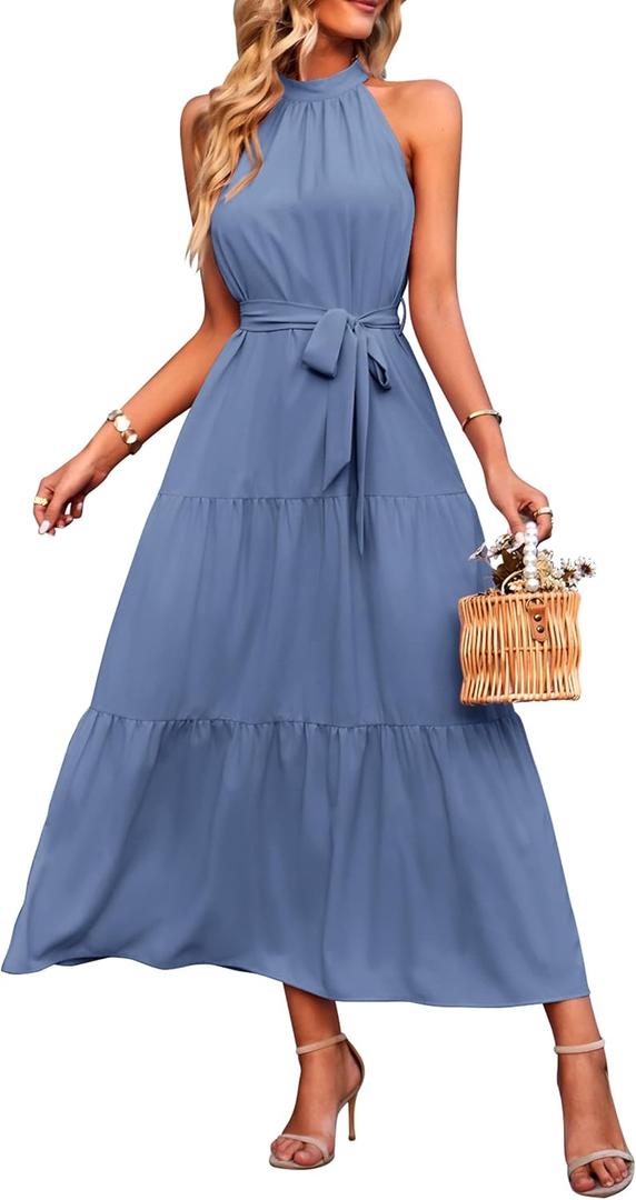 PRETTYGARDEN Women's Summer Maxi Sun Dress Sleeveless Halter Neck Flowy Ruffle Hem Long Boho Dresses with Belt (Solid Grey Blue, Small)