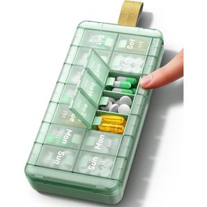 AM PM Weekly Pill Organizer 2 Times a Day, Large Pill Box 7 Day with Easy Push-Button Open, Portable Medicine Case for Vitamins & Supplements Green, 14 compartments