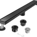 12-Inch Linear Shower Drain with Tile Insert Grate, 2-in-1 Flat Reversible Matte Black Cover, Rectangle Floor Drain Brushed 304 Stainless Steel Including Hair Strainer