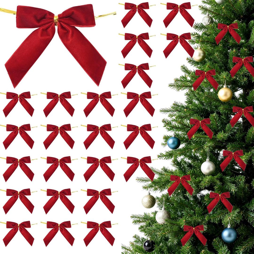 24 PCS 3.5 inches Red Small Velvet Ribbon Bow Pre-Tied Twist Bows Ribbon for Crafts Gift Wrapping Bakery Candy Bags Hair Wedding Christmas Tree Wreath