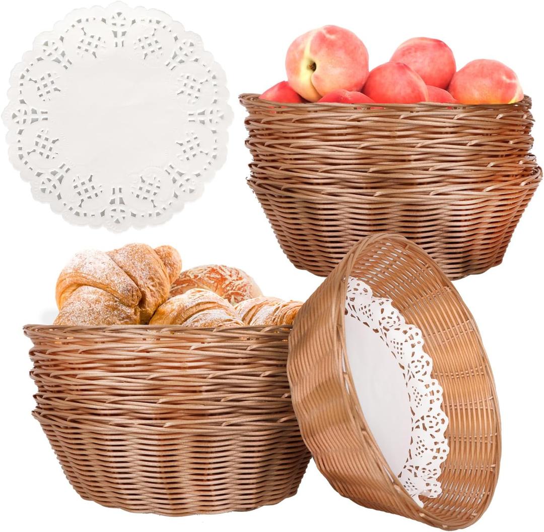8 Pcs Round Large Plastic Bread Basket, Wicker Basket for Serving 10 x10 x3.3 Inch Woven Food Storage Basket, Fruit Basket, Gift Basket (Comes with Food Blotting Sheets) Brown