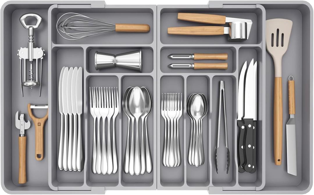 Lifewit Large Silverware Drawer Organizer, Expandable From 21 to 36 Inches, BPA Free Plastic Utensil Tray for Kitchen, Adjustable Flatware and Cutlery Holder for Spoons Forks Knives, Gray