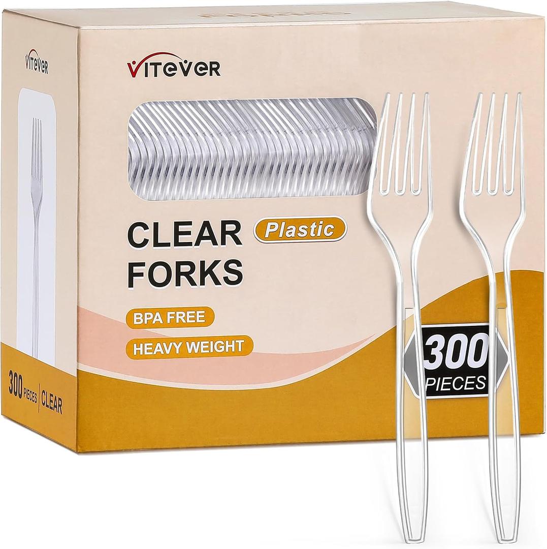 [300 Count] Clear Heavy Duty Plastic Forks, Disposable Plastic Forks, Fancy Plastic Cutlery, Elegant Disposable Forks, Plastic Utensils Set, Clear Forks Set