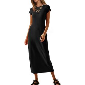 MEROKEETY Women's 2026 Summer Casual Tshirt Dress Short Sleeve Crew Neck Beach Long Maxi Dresses (Black, M)
