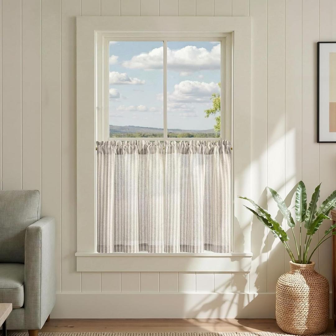 jinchan Striped Linen Kitchen Curtains 24 Inches Tier Curtains Farmhouse Modern Cafe Style Small Window Treatments Airy Light Filtering Rod Pocket for Living Room Bathroom 2 Panels Taupe Grey