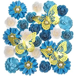 MotiMind 39 Pcs Graduation Cap Decorations Kit Including 25 Rose Heads Paper Flowers 12 3D Gold Butterfly Stickers 1 Self Adhesive Pearl 1 Rhinestones Stickers for DIY Graduation Cap(Blue)