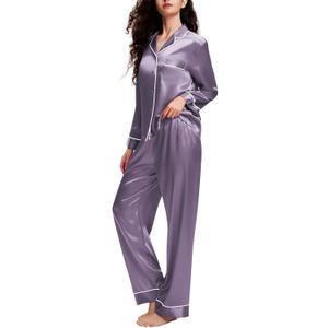 Lonxu Silk Satin Womens Pajama Sets Button Down Sleepwear Loungewear (Gray, M)