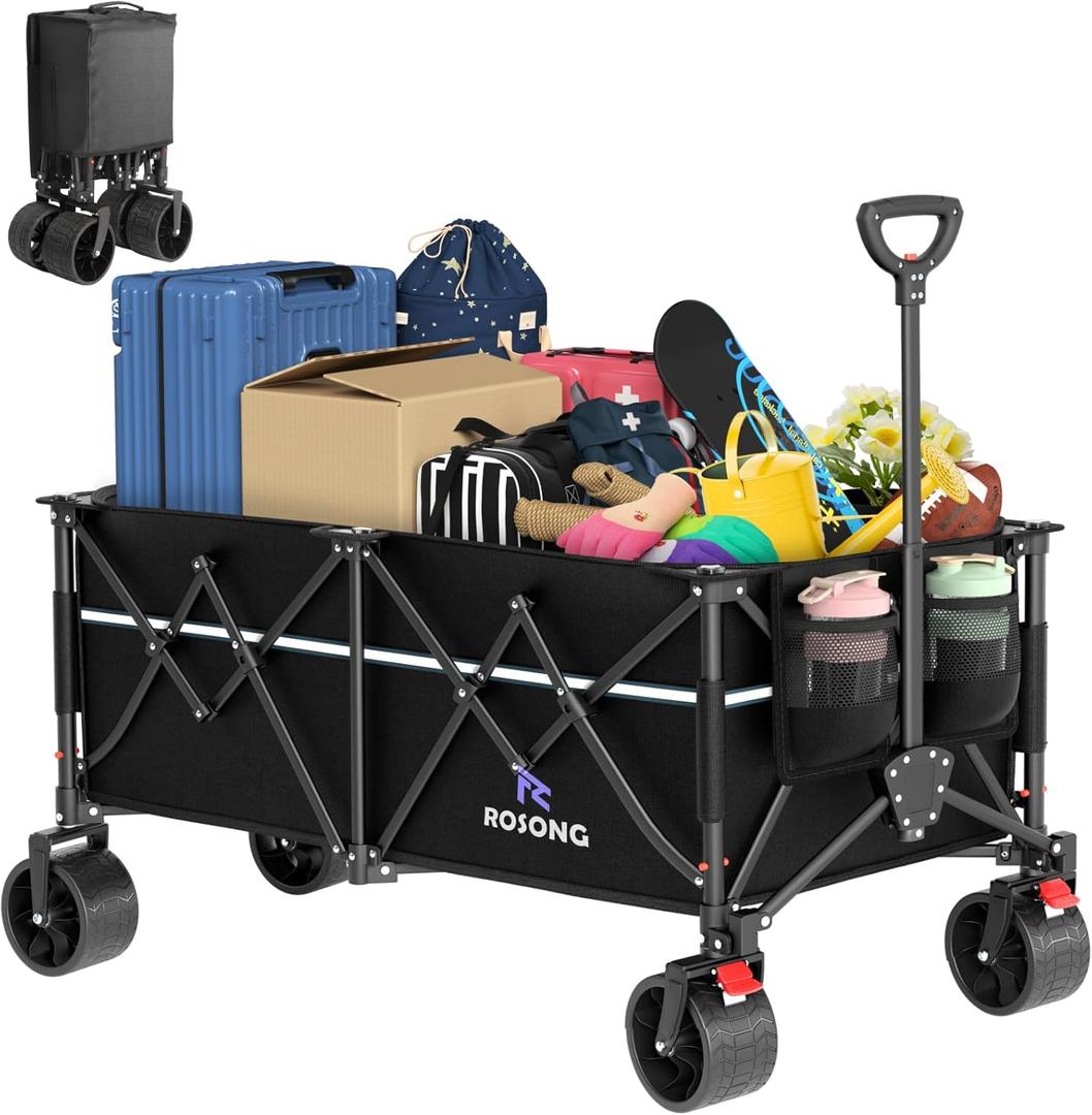 Large Beach Collapsible Wagon Cart with Wheels - Foldable Wagons 260L Heavy Duty 500lbs, Wagon with Big Wheels for Sand Folding Utility Wagons Carts for Sports Shopping Camping (Black)